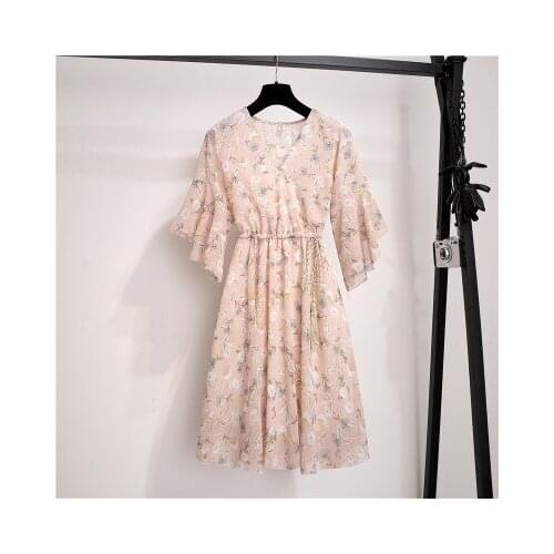 Ladies Slim Summer Dress V-neck Floral Chiffon Dress Lotus Leaf Sleeve Elastic Waist Sweet Lining Fashion Short Sleeve Dress