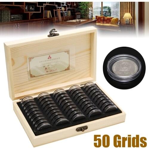 1PC Wooden Coin Storage Box Retro 50 Grids Storage Box Case With Adjustable Gasket Rings Universal Collection Gift Box