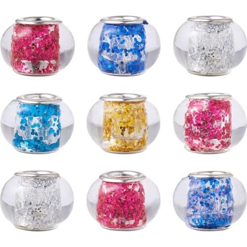 100pcs Mixed Color Handmade Lampwork European Large Hole Beads for Jewelry Making Glitter Powder and Brass Rondelle Core 14x9mm