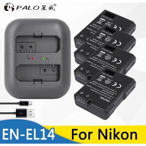 Palo 4pcs EN-EL14 ENEL14 ENEL14 Rechargeable Digital Battery + USB Dual Charger for Nikon D90 D300 D5300 for COOLPIX P7100 P7200