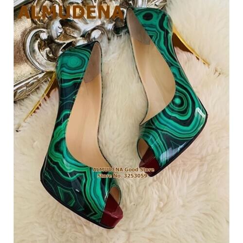 ALMUDENA Gold High Heels Green Black Color Patchwork Swirl Shaped Dress Shoes Open Toe Patent Leather Banquet Platform Pumps