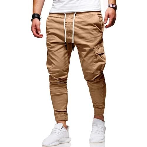 Men Pants Drawstring Plastic Leg Pant Patch Pockets Rope Elastic Casual Pants Male Long Trousers Jogger Men Streetwear Pants