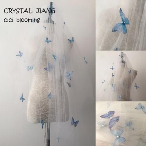Butterfly Short Bridal Veils Raw Edge 2 Layers Wedding Veil With Butterfly