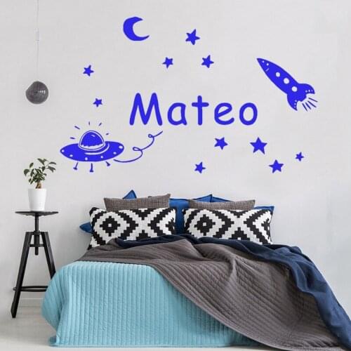 Spaceship Wall Sticker Boys Kids Room Decoration Custom Name Decal Stars Moon Spacecraft Art Mural Babys Bedroom Decor Removable
