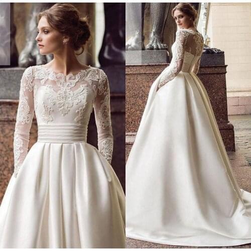 Lace Mermaid Wedding Dresses Scoop-Neck Full Sleeves Zipper Sheer Back Vintage Satin Ivory White 2020 Bride Robe Mariee Dentelle