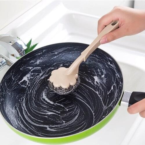 Long Handle Kitchen Cleaning Brush And Lengthening Handle Brush With Handle Stainless Steel Wire Ball Household Items