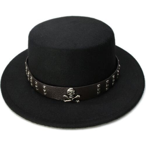 LUCKYLIANJI Women Men Vintage 100% Wool Wide Brim Top Cap Pork Pie Pork-pie Bowler Hat Skull Bead Leather Band (57cm/Adjust)