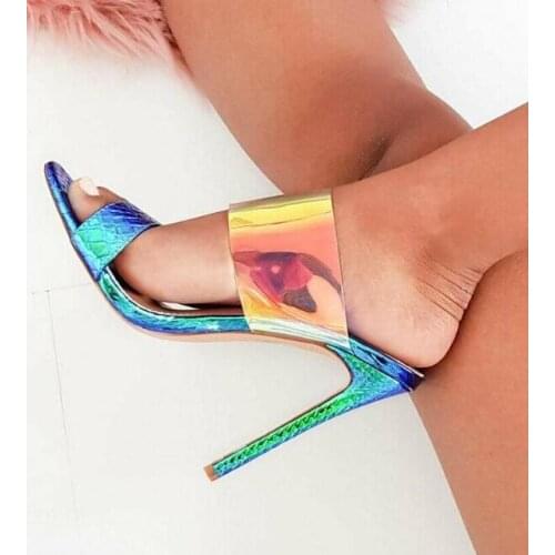Sexy Blue Sneak Print Laser Leather Women Sandal Cut-out Stiletto Heel Flip Flop Backless Slippers Patchwork Fluorescence Mules
