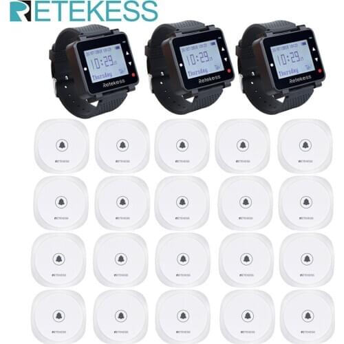 Retekess Restaurant Pager Wireless Waiter Calling System 3 T128 Watch Receiver + 20pcs TD017 Call Button For Cafe Bar Clinic