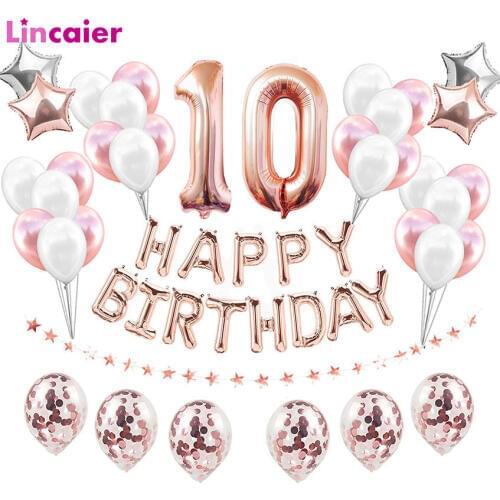 Number 10 Foil Balloons Happy 10 Birthday Party Decorations 10th Years Old Tenth Boy Girl Supplies Anniversary Rose Gold Blue