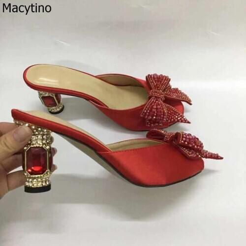 8CM Slippers Women Satin Woman Slip On Sandals Crystal Bowtie High Heel Summer Sliders Espadrille Shoes Chanclas De Mujer