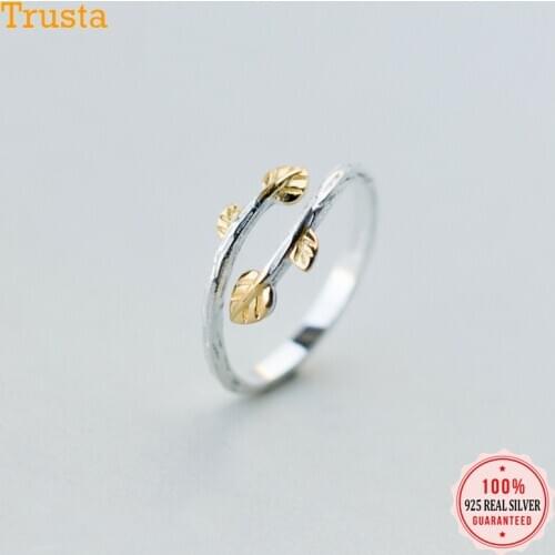 Trustsdavis 100% 925 Sterling Silver Fashion Jewelry Gold Leaves Cocktail Opening Ring Sizable 5 6 7 Girls Kids Xmas Gift DA153