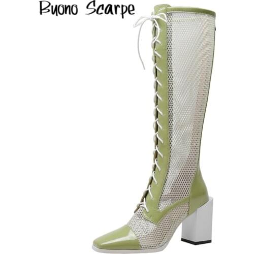 Block High Heel Summer Shoes Cross Tied Women Mesh Boots Chunky Heels Square Toe Real Leather Knee High Botas Mujer Zapatos New