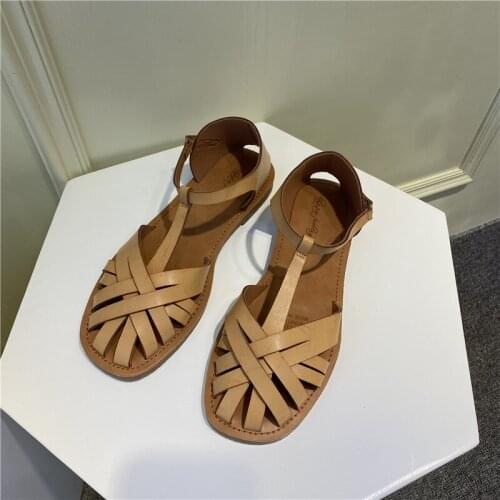Cross Weaving Narrow Band Sandalias Mujer Ankle Buckle Square Toe Flats Slippers Vintage Cut-out Gladiator Sandals Casual Shoes