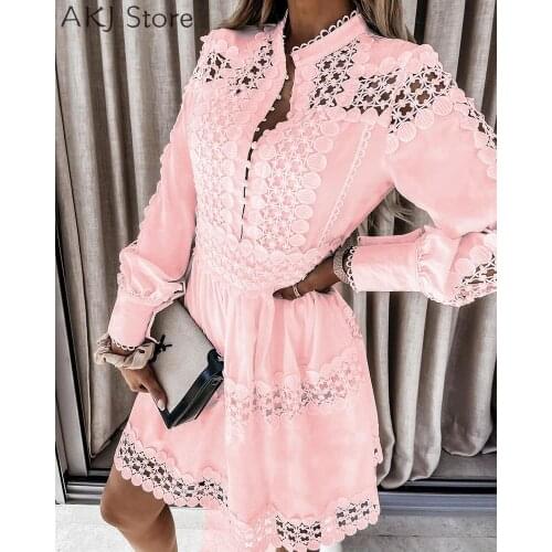 Women Hollow Out Lace Embroidery Long Sleeve Shirt Dress