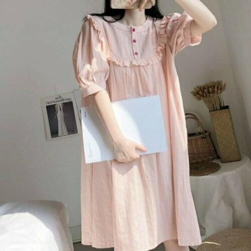 Women Lolita Night Dress Cotton Ruffle Sleepwear Retro Nightwear Puff Sleeve