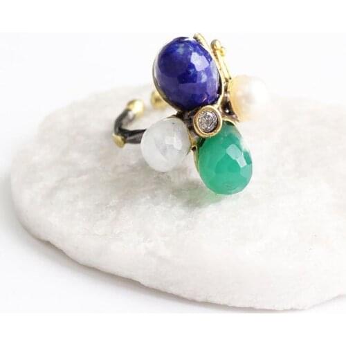 Blue Lapis Lazuli and White Green Pearl Zircon Gold Plated Womens Silver Ring,Woman 925Silver Zircon Handmade Ring,MultiColor
