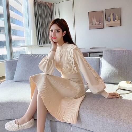 New Arrival Women Sweater Dress Temperament Solid Lace Patchwork Slim Puff Sleeve Fall Winter Bottoming Knit Dress