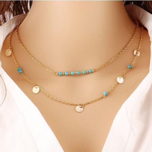10 piece/lot Gold Necklace Blue Beads Pendant Multi Layer Chain Beaded Charm Tassels Choker Woman Bohemian Jewelry