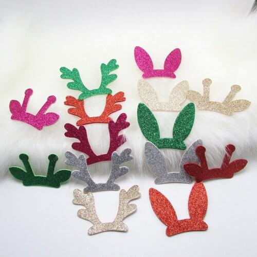 20pcs/lot 7.6*5.5cm Glitter Christmas antlers Padded Appliques For Craft Clothes Sewing Supplies DIY Hair Clip Accessories