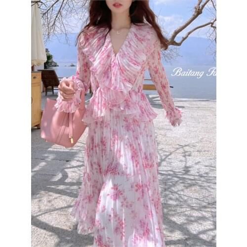 2021 Spring Women Elegant Ruffles V-neck Dress Lady Pink Floral Pleated Fairy Dress Bohemian Slim Princess Vestidos