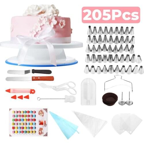 205pcs/set Cake Turntable Set Multifunction Cake Decorating Kit Pastry Tube Fondant Tool Party Kitchen Dessert Baking Supplies