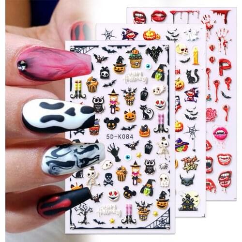 5 Sheet 5D Thin Relief Nail Art Stickers Various Halloween Elements Adhesive Nail Stickers Manicure DIY Nail Stickers Equipment