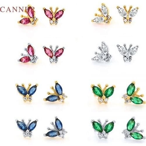 CANNER Ins Wind Color Diamond Butterfly Earrings For Women S925 Sterling Silver Piercing Stud Earrings Fine Jewelry Pendientes