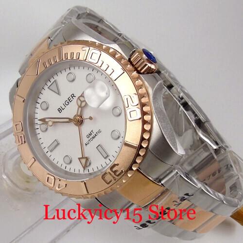 BLIGER Two Tone Rose Gold Coated Automatic Men Watch White Dial GMT Hand Rotating Bezel Oyster Bracelet
