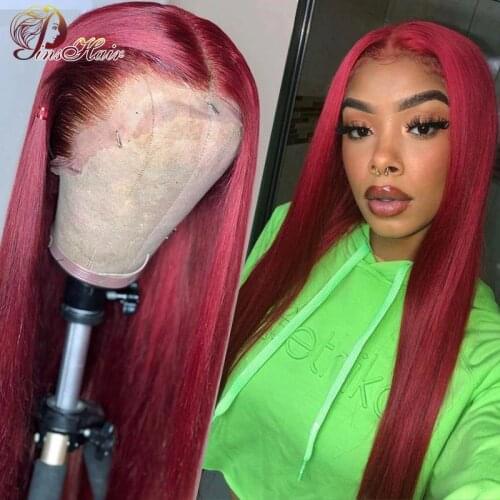 Burgundy 99J Straight Lace Front Human Hair Wig Brazilian 99J 13*1 Lace Front Wig Pinshair Pre Plucked Remy Hair 180% Density