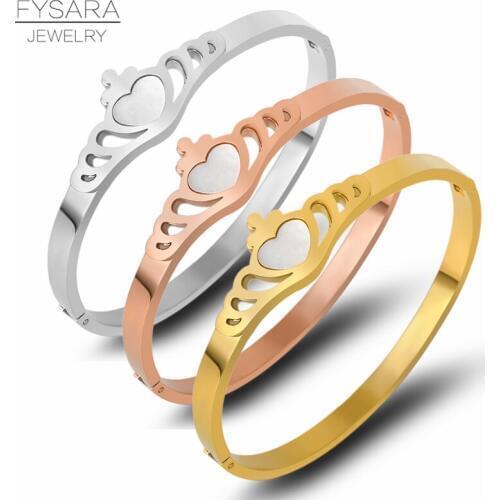 FYSARA White Shell Heart Bangles Bracelets for Women Stainless Steel Rose Gold Color Crown Shape Bangles Classic Jewelry