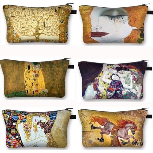 Oil Painting By Gustav Klimt Cosmetic Case Kiss Tears La Virgen Women Makeup Bags Girl Toiletries Bag Lipstick Cosmetic Bag