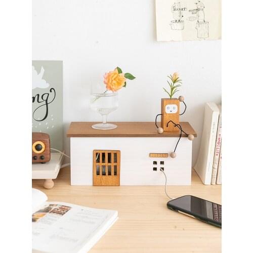 Wood small house cable socket organizer Keep out Desktop decoration Prevent to get an electric shock Creative design