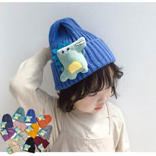 Autumn and Winter New Childrens Cotton Warm Cartoon Dinosaur Knitted Hat Boys and Girls Outdoor Sports Solid Color Sunhat
