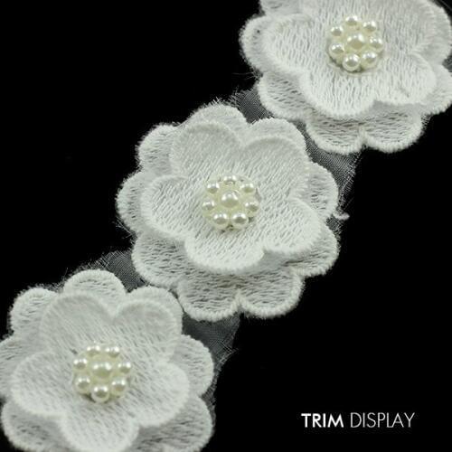 Beaded Pearls 2 layer Flower Lace Fabric Ribbon White Trim Applique Scrapbooking Venise Embossed for Wedding Dress 10yard/ T876