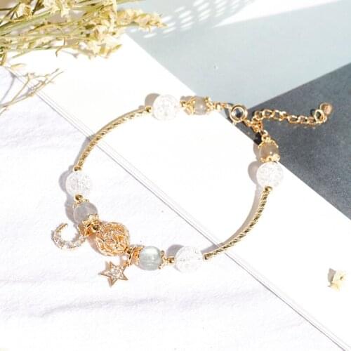 Trendy Moon Star Shape Gray Moonstone/White Popcorn Crystal Beads Gold Color Strand Bracelets for Women Fahsion Jewelry YBR254