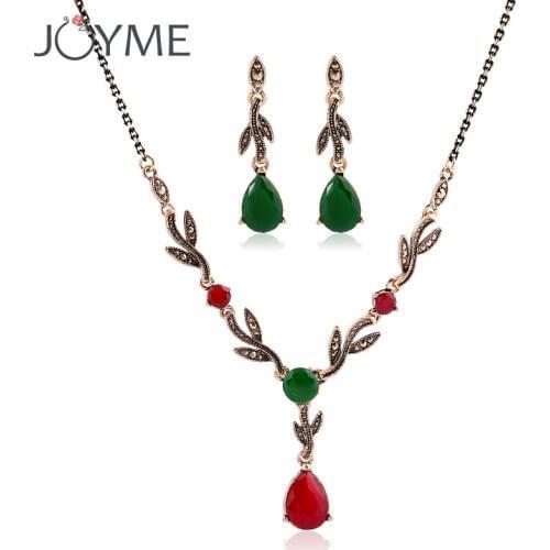 Vintage Bridal Necklace Earrings Set Green Water Drop Leaf Resin Gold Jewelry Set Turkish Wedding Jewellery