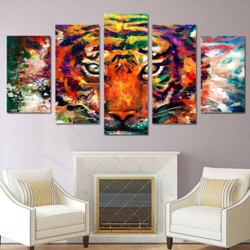 Wall Art Canvas Paintings 5 Panels Pictures Colorful Tiger Modern Animals Home Decor Modular Pictures Living Room Decoration