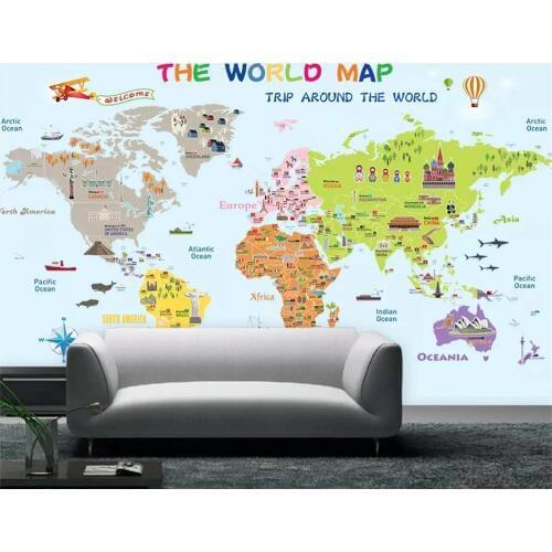 Beibehang Wallpaper Custom 3D Personality Cartoon World Map Photo Kids Room Bedroom Wallpaper Background Mural wallpaper
