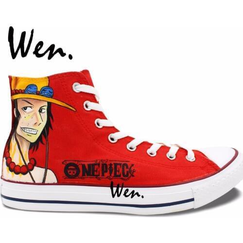 Wen Hot Red Hand Painted Canvas Shoes Design Custom Anime One Piece Ace Luffy Men Womens High Top Sneakers Skateboard Shoes