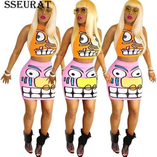 SSEURAT Ladies Cartoon Print Two Pair Sporty Set Sleeveless Collarneck T-Shirt Stitching Miniskirt Set Matching Set 2021