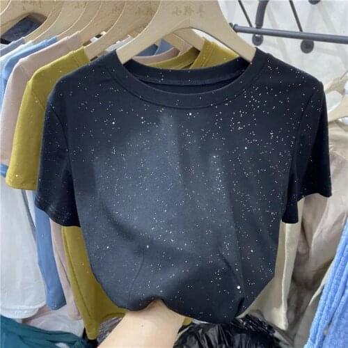 95 cotton bright silk sequined short-sleeved T-shirt top womens summer new Korean version of the all-match bottoming shirt