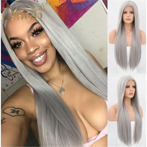 YYsoo Grey Synthetic Lace Wigs for Women 13X4 Long Straight Realistic Looking Long Straight Heat Resistant Fiber Synthetic Wigs