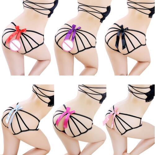 Womens Erotic Hollow Out Open Butt Underwear Lingerie See-Through Bandage Strappy G-String Low Rise Satin Bowknot Thongs Briefs