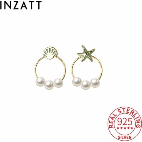 INZATT Real 925 Sterling Silver Star Shell Round Pearl Stud Earrings For Fashion Women Punk Fine Jewelry Asymmetry Accessories