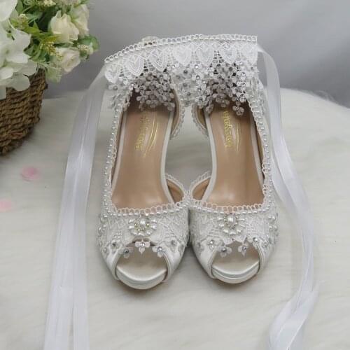 BaoYaFang White Lace Women Wedding Shoes Bride Open Toe High Pumps Fashion Shoes Woman Shallow Fish Toe Thin Heel Ankle Strap