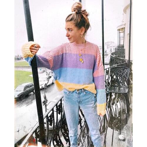 Winter Autumn Rainbow Woman Sweater Fashion Chic Long Sleeve O-neck Pullover Casual Loose Knit Female Sweater