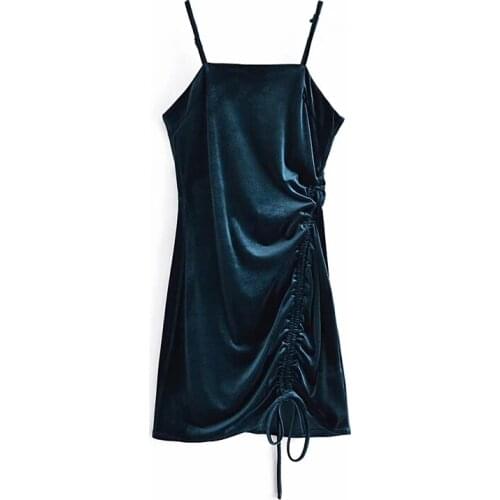 Women 2021 Fashion Sexy Party Velvet Mini Dress Vintage Backless Zipper Thin Straps Female dress Side Pleat Tied Summer Dresses
