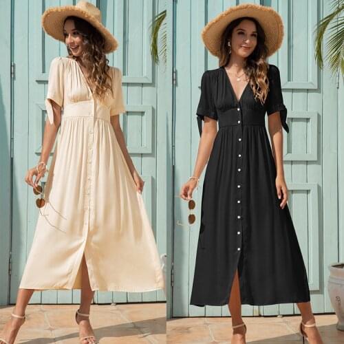 Ladies Elegant V-neck High Waist Long Dress Summer Short Sleeve Bow Solid Color Casual Split Fork Single-breasted Robe Female