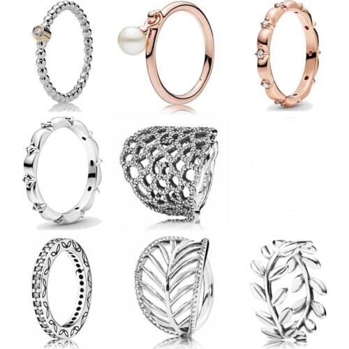 925 Sterling Silver Ring 1:1 Laurel Wreath Leaves Rose Flower Petals Band With Crystal Femal Ring DIY Fashion Jewelry